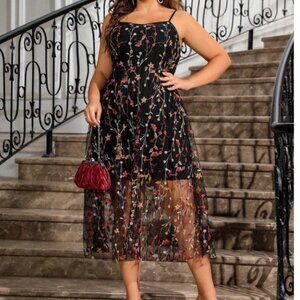 Belle Floral Embroidery Mesh Cami Dress Black 0